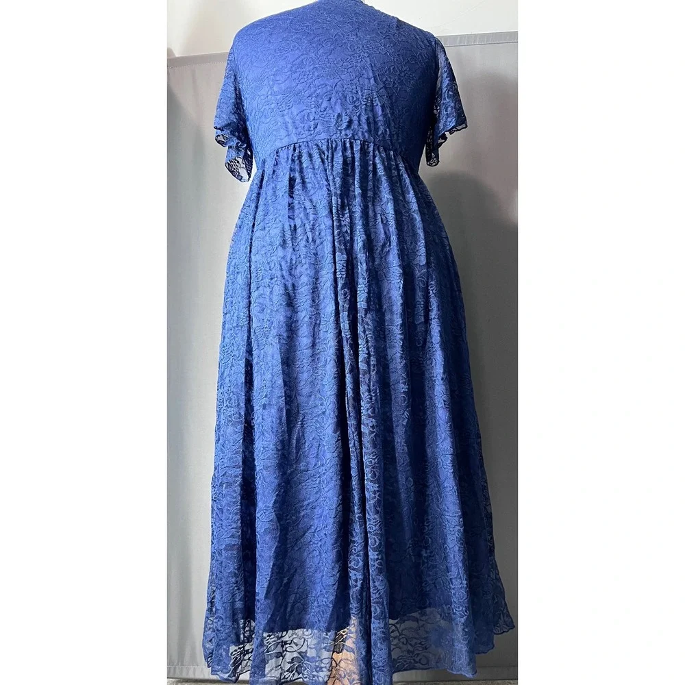 Royal Blue Floral Lace High-Low Faux Wrap Empire Waist Dress with Ruffle Detail - Picture 7 of 13